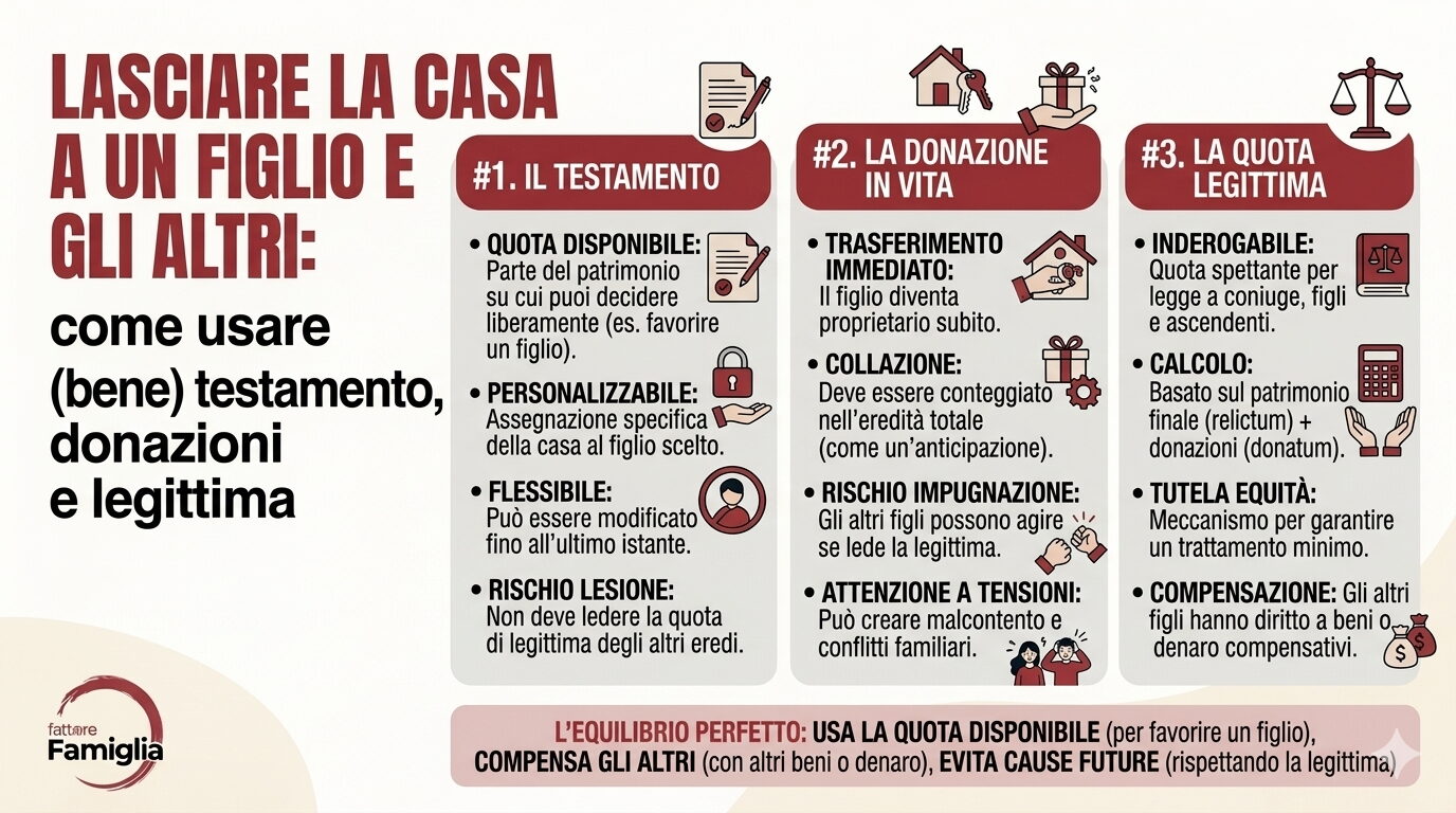 Lasciare la casa a un figlio e ‘tutelare’ gli altri: come usare (bene) testamento, donazioni e legittima